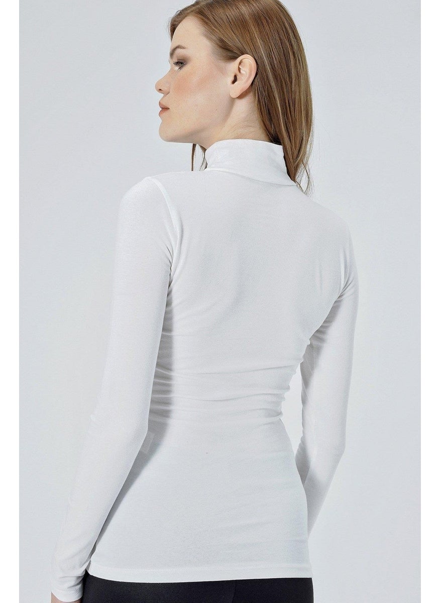 Women's Ecru Long Sleeve Stand Collar Blouse