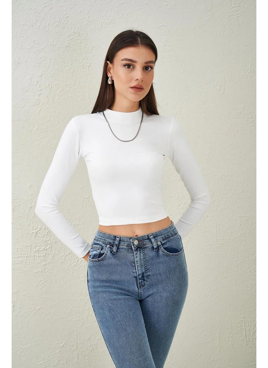 Women's Ecru Long Sleeve Stand Collar Crop Blouse