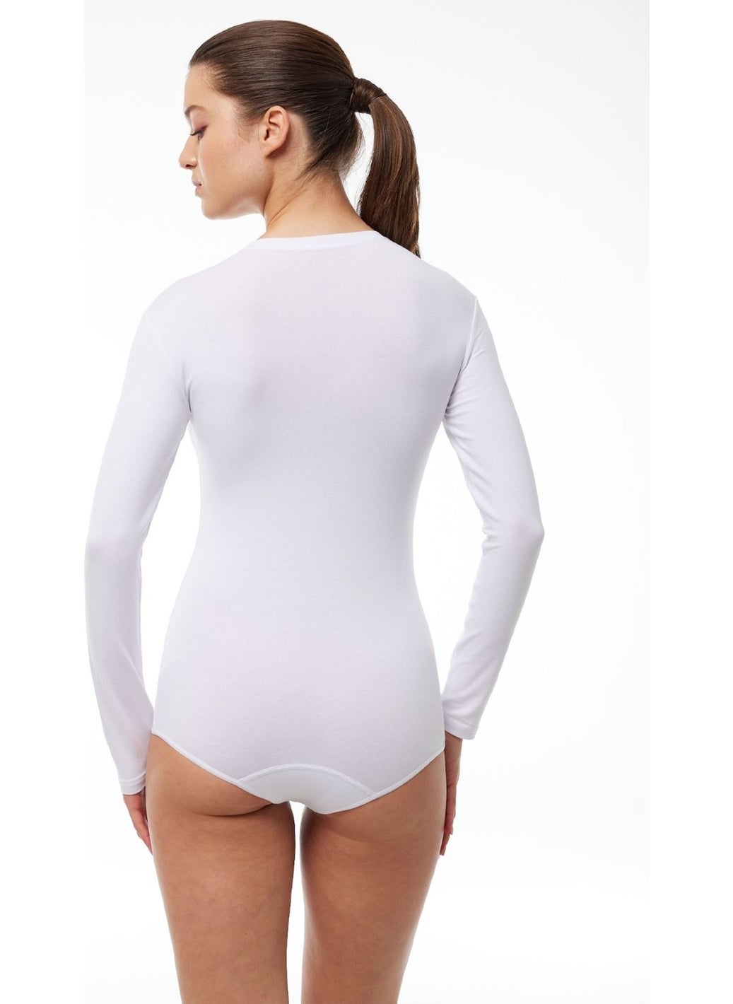 Women's White Round Neck Long Sleeve Snap Modal Bodysuit 137