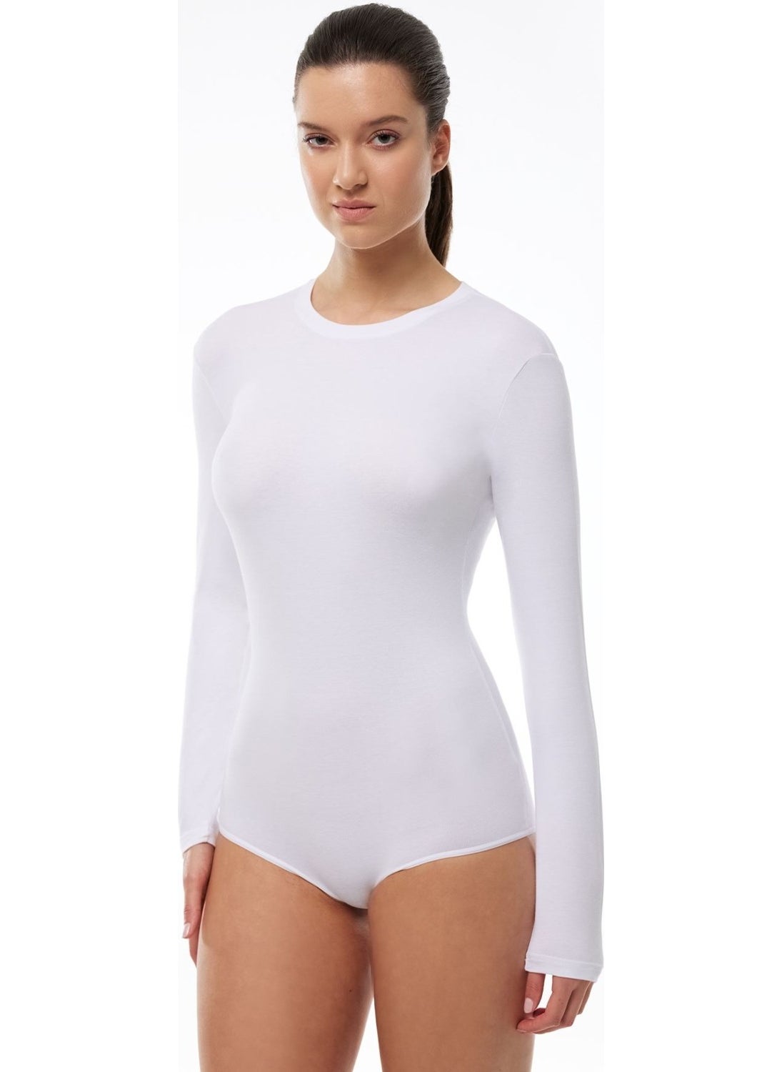 Women's White Round Neck Long Sleeve Snap Modal Bodysuit 137