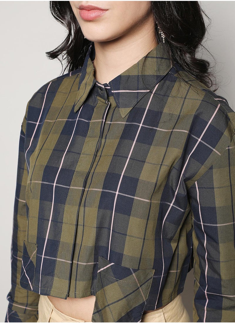 Women's Olive Green & Navy Blue Tartan Plaid Crop Shirt For Casual Wear | Spread Collar | Long Sleeve | Button Closure | Shirt Designed With Comfortable Fit For Woman & Girls