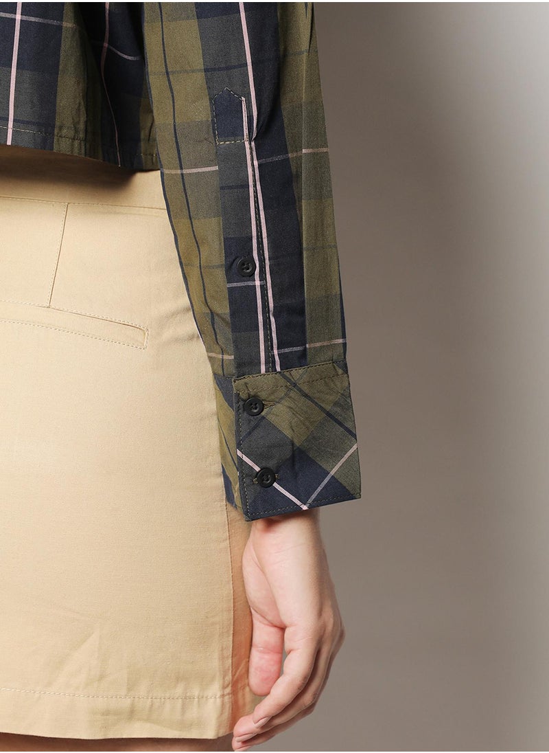 Women's Olive Green & Navy Blue Tartan Plaid Crop Shirt For Casual Wear | Spread Collar | Long Sleeve | Button Closure | Shirt Designed With Comfortable Fit For Woman & Girls