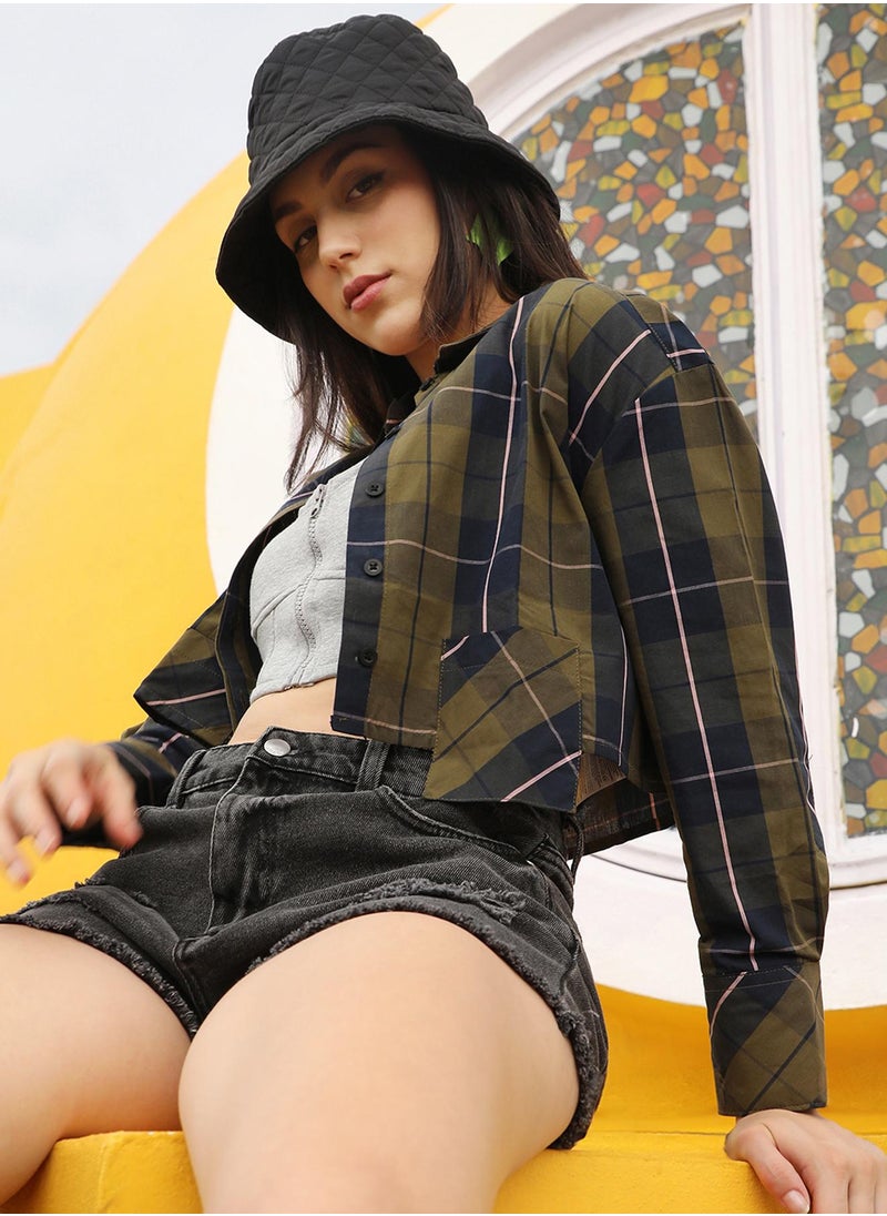 Women's Olive Green & Navy Blue Tartan Plaid Crop Shirt For Casual Wear | Spread Collar | Long Sleeve | Button Closure | Shirt Designed With Comfortable Fit For Woman & Girls