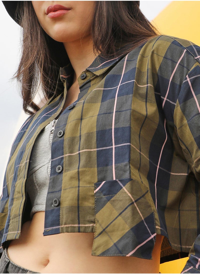 Women's Olive Green & Navy Blue Tartan Plaid Crop Shirt For Casual Wear | Spread Collar | Long Sleeve | Button Closure | Shirt Designed With Comfortable Fit For Woman & Girls