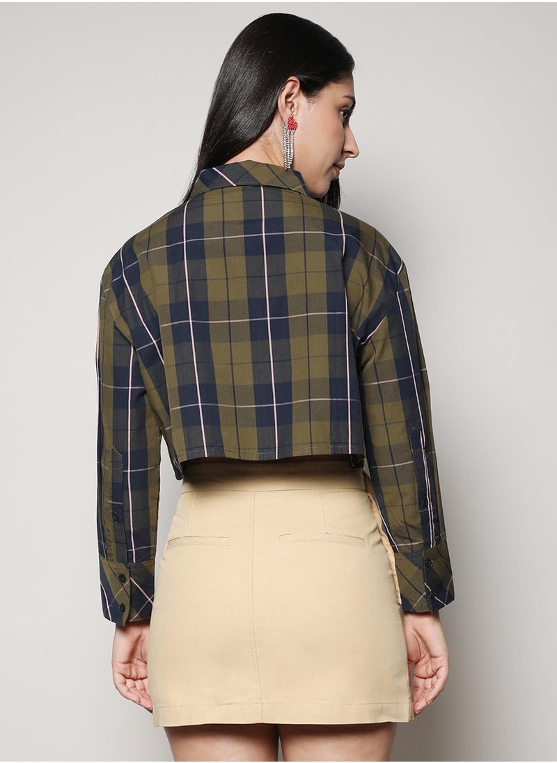 Women's Olive Green & Navy Blue Tartan Plaid Crop Shirt For Casual Wear | Spread Collar | Long Sleeve | Button Closure | Shirt Designed With Comfortable Fit For Woman & Girls