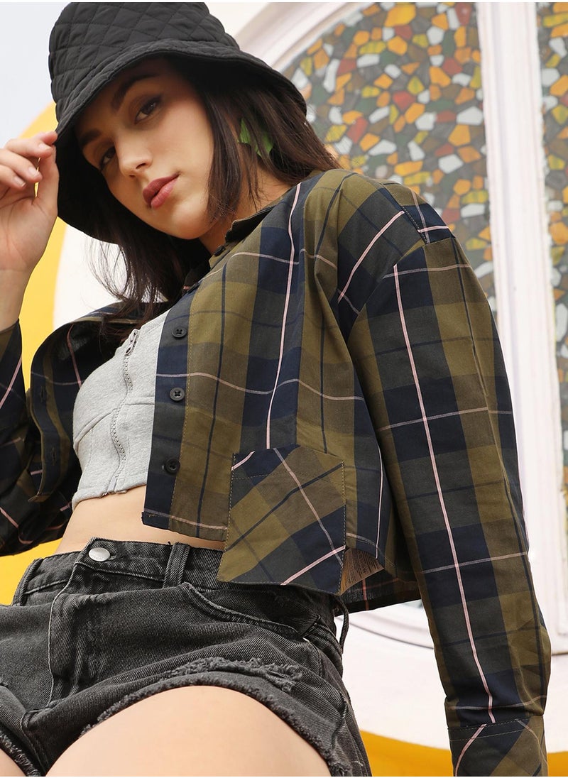 Women's Olive Green & Navy Blue Tartan Plaid Crop Shirt For Casual Wear | Spread Collar | Long Sleeve | Button Closure | Shirt Designed With Comfortable Fit For Woman & Girls