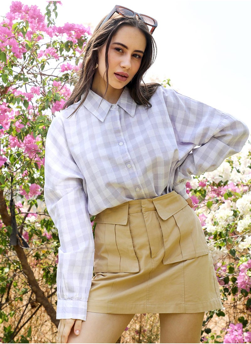 Women's Lavender Tartan Plaid Boxy Shirt For Casual Wear | Spread Collar | Long Sleeve | Button Closure | Shirt Designed With Comfortable Fit For Woman & Girls