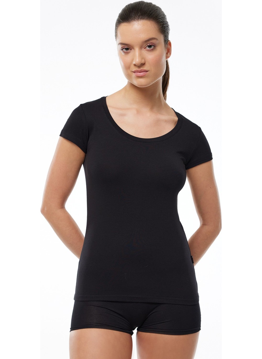 Women's Black Open Round Neck Short Sleeve Modal Bodysuit 1035