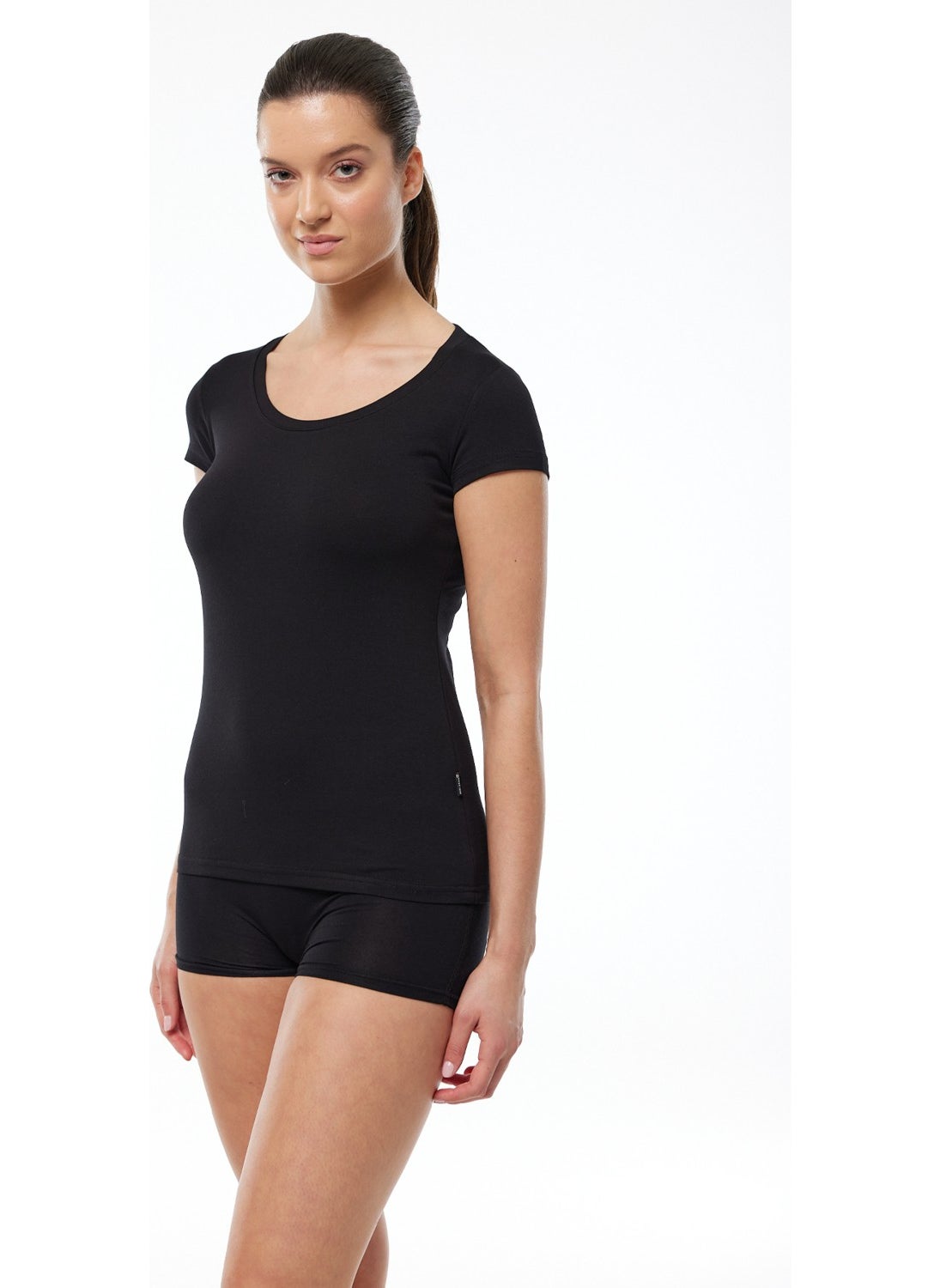 Women's Black Open Round Neck Short Sleeve Modal Bodysuit 1035