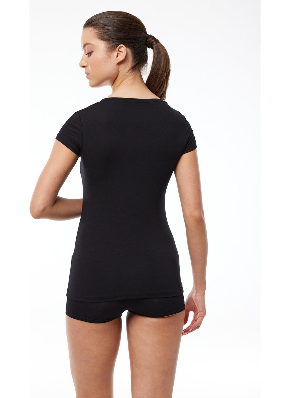 Women's Black Open Round Neck Short Sleeve Modal Bodysuit 1035
