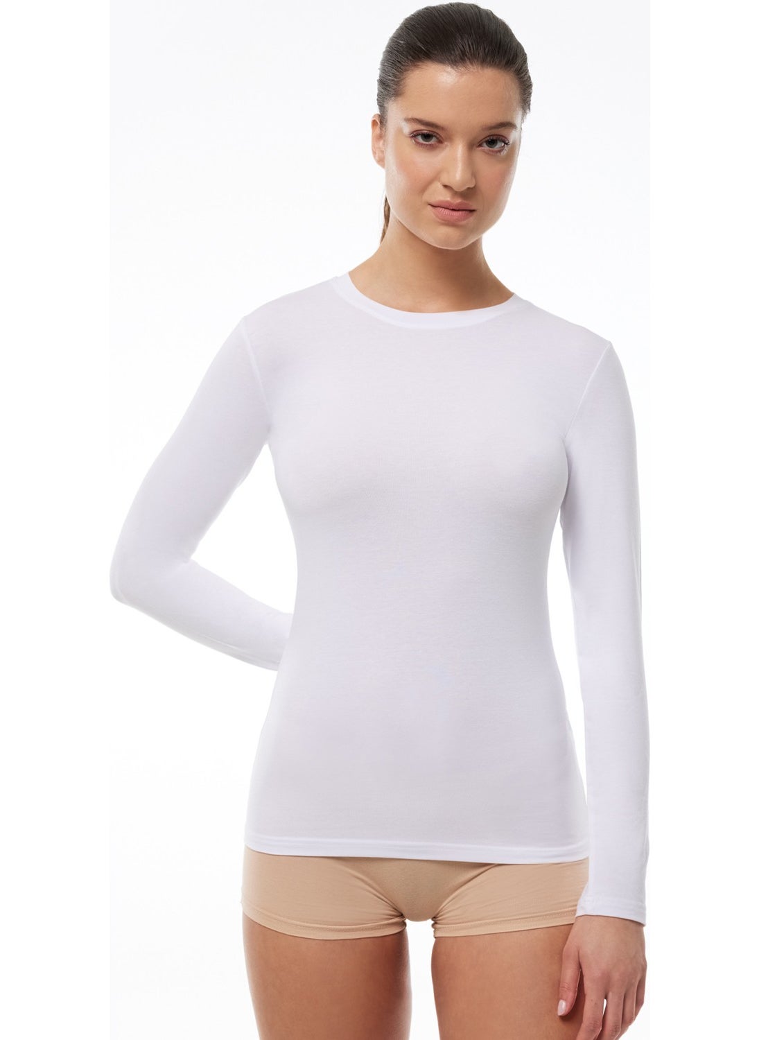 Women's White Round Neck Long Sleeve Modal Bodysuit 182