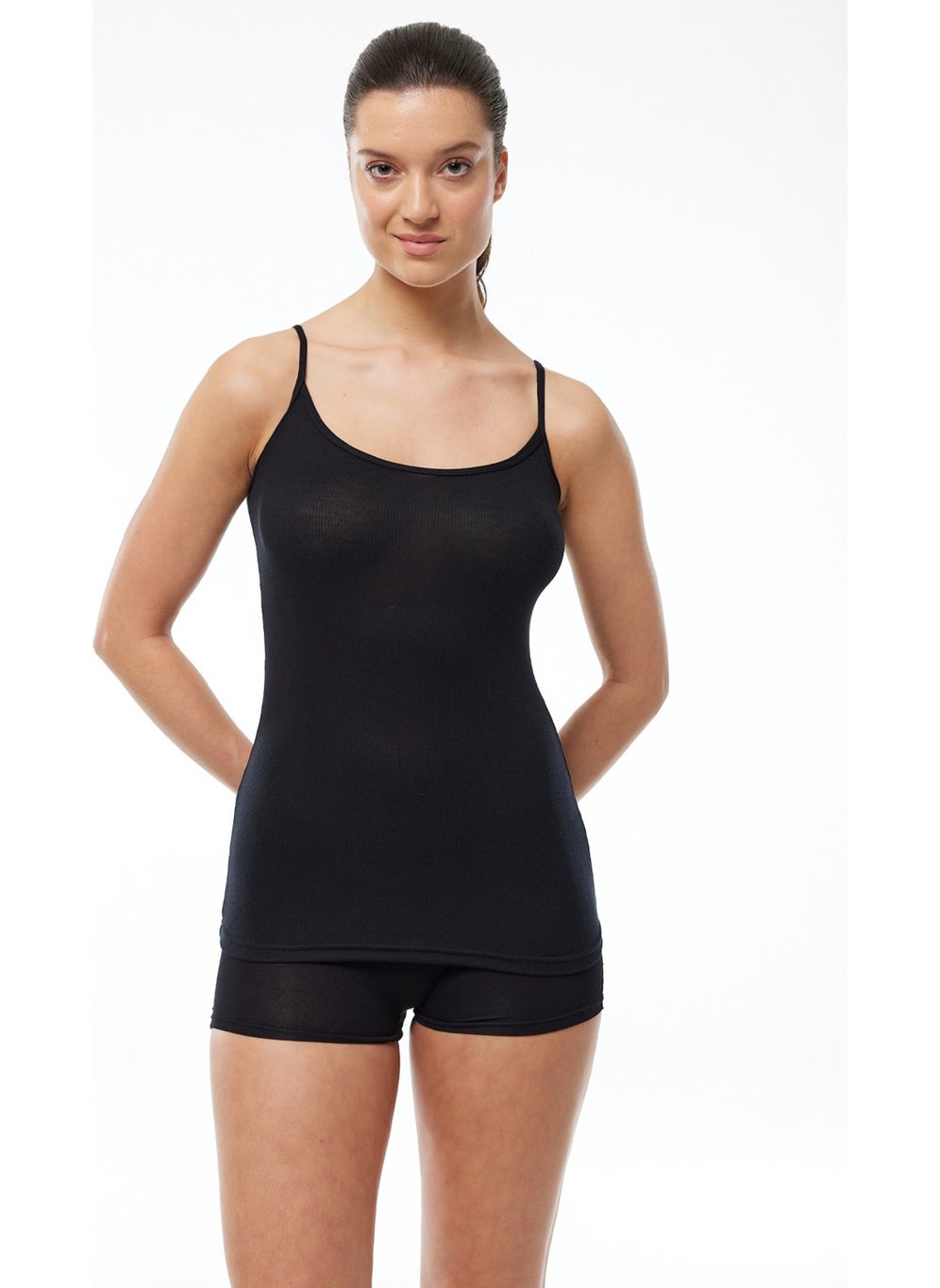 Women's Black Adjustable Rope Strap Ribbed Micro Modal Undershirt 1020