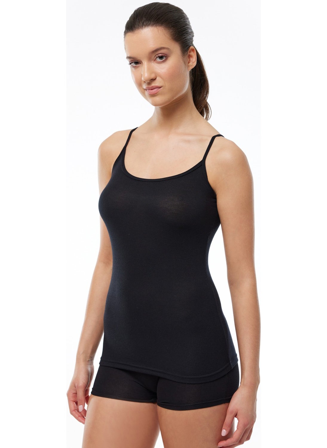 Women's Black Adjustable Rope Strap Ribbed Micro Modal Undershirt 1020
