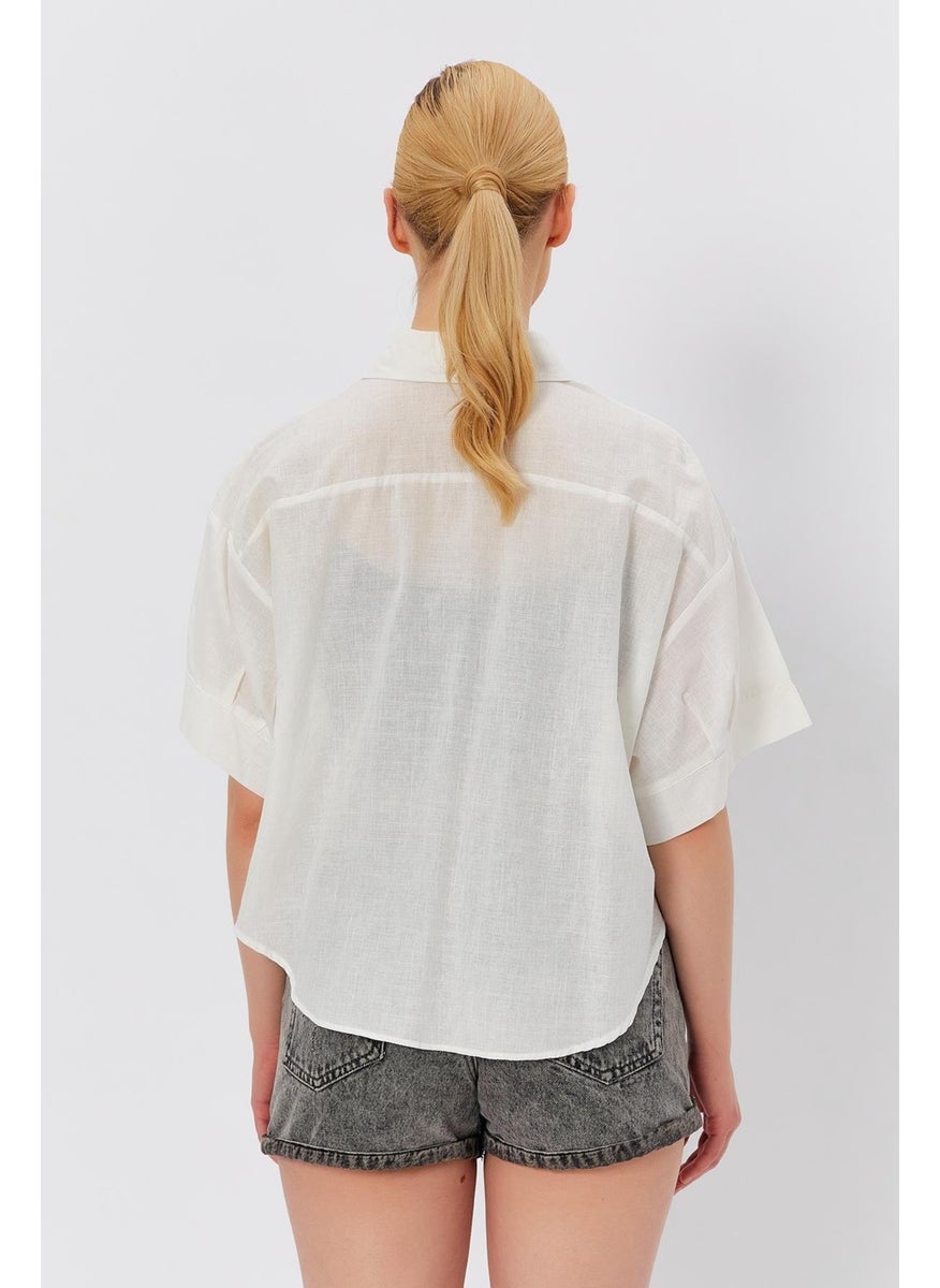Women's Ecru Short Sleeve Long Back Relaxed Fit Linen Shirt