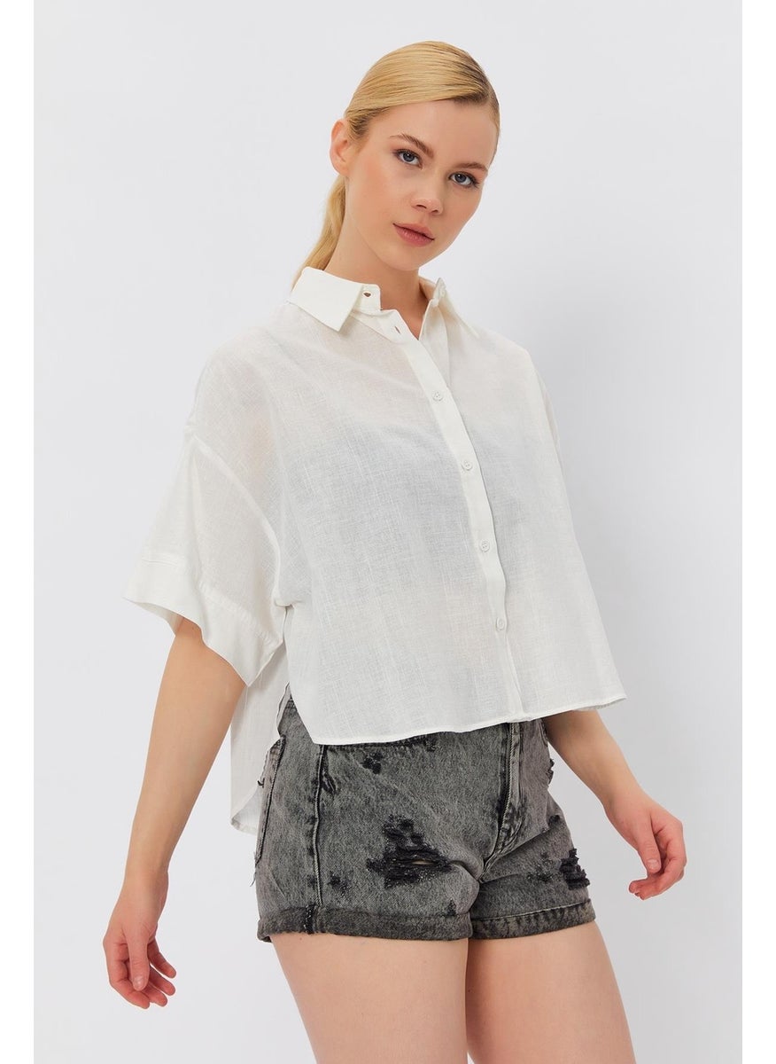 Women's Ecru Short Sleeve Long Back Relaxed Fit Linen Shirt