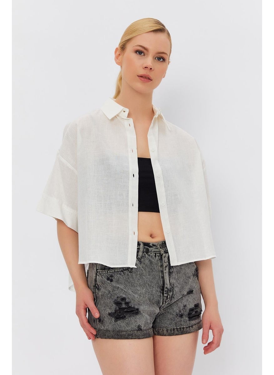 Women's Ecru Short Sleeve Long Back Relaxed Fit Linen Shirt