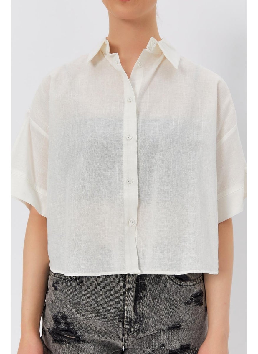 Women's Ecru Short Sleeve Long Back Relaxed Fit Linen Shirt