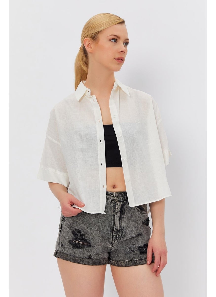 Women's Ecru Short Sleeve Long Back Relaxed Fit Linen Shirt