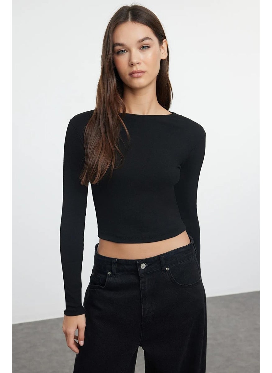 Women's Black Long Sleeve Elastic Collar Crop Blouse