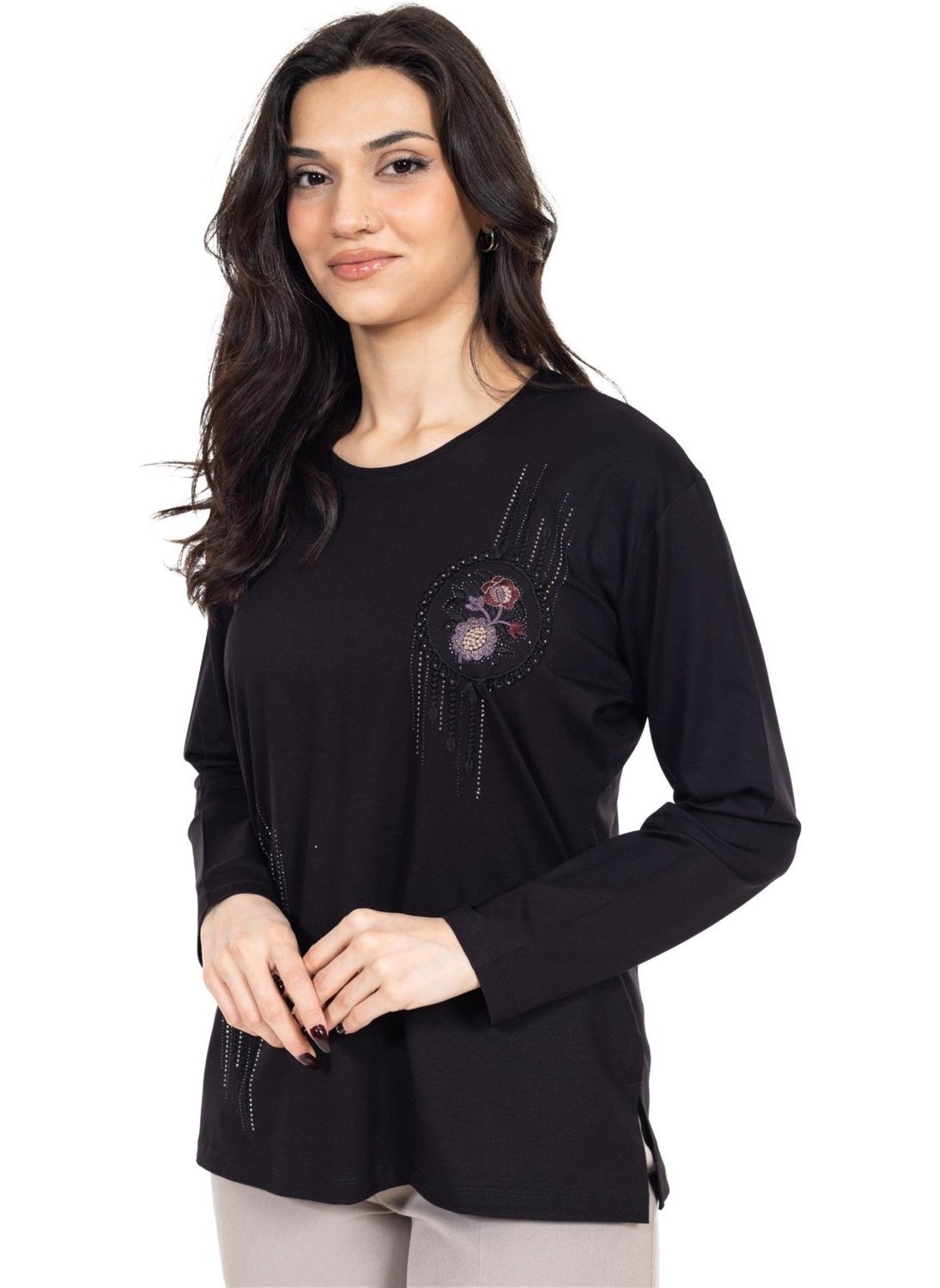 New Season Women Middle Age and Above Viscose Cross Stitch Embroidered Luxury Mother's Combed Cotton Blouse 24312