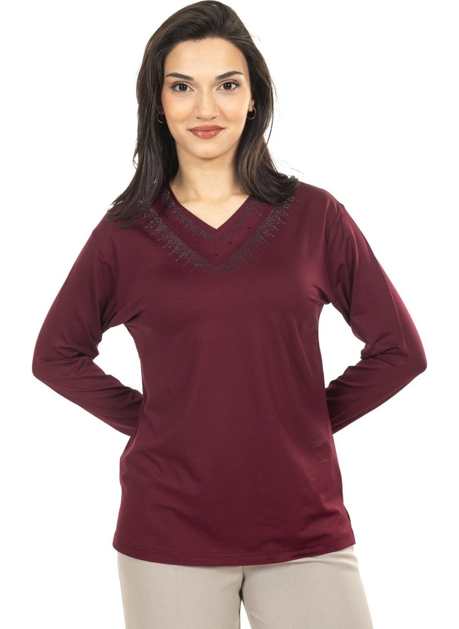 Women Middle Age and Above New Model V Neck Plain Model Mother Cotton Blouse 30565