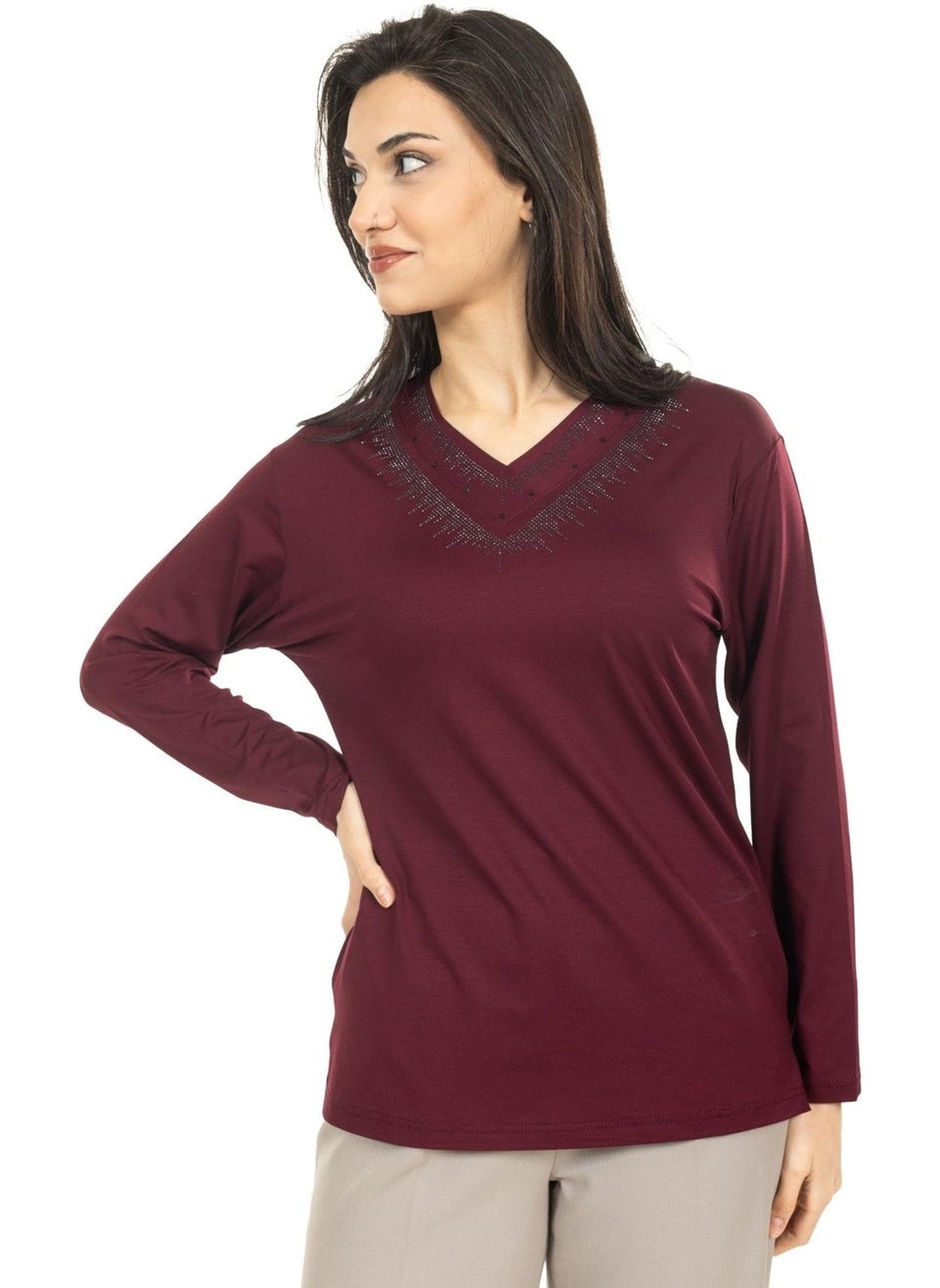 Women Middle Age and Above New Model V Neck Plain Model Mother Cotton Blouse 30565