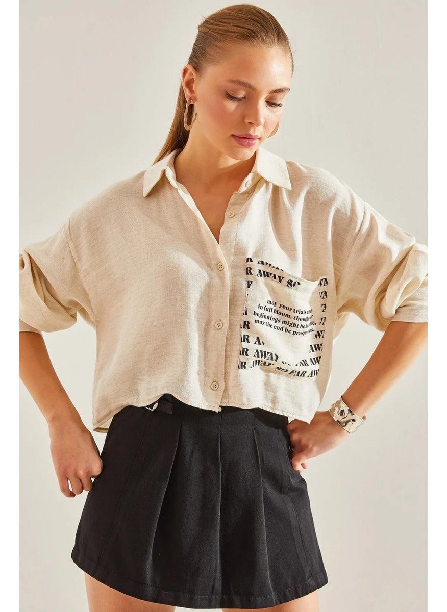 Women's Natural Single Pocket Printed Crop Shirt