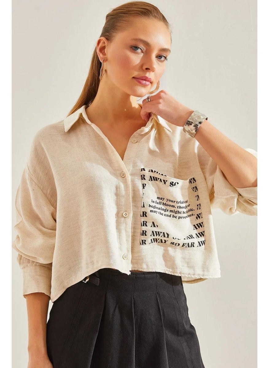 Women's Natural Single Pocket Printed Crop Shirt