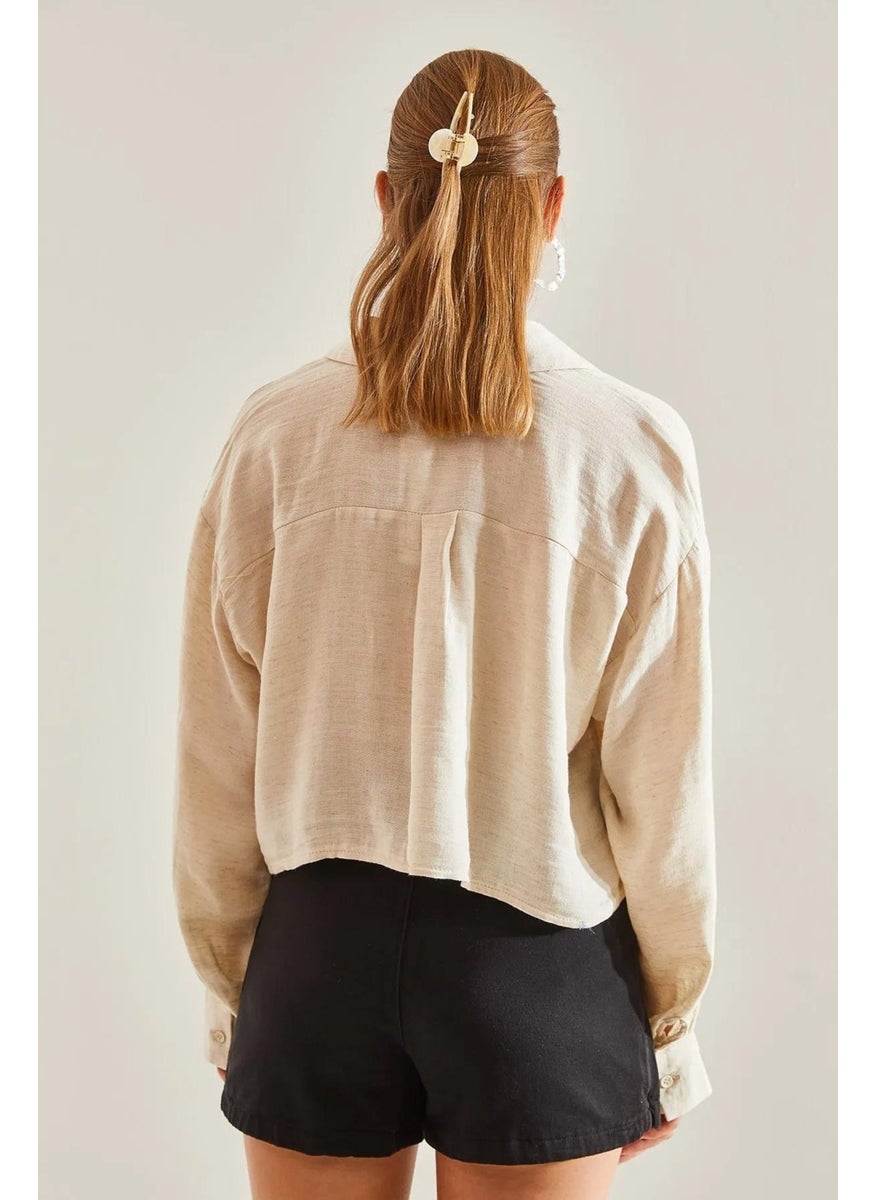 Women's Natural Single Pocket Printed Crop Shirt