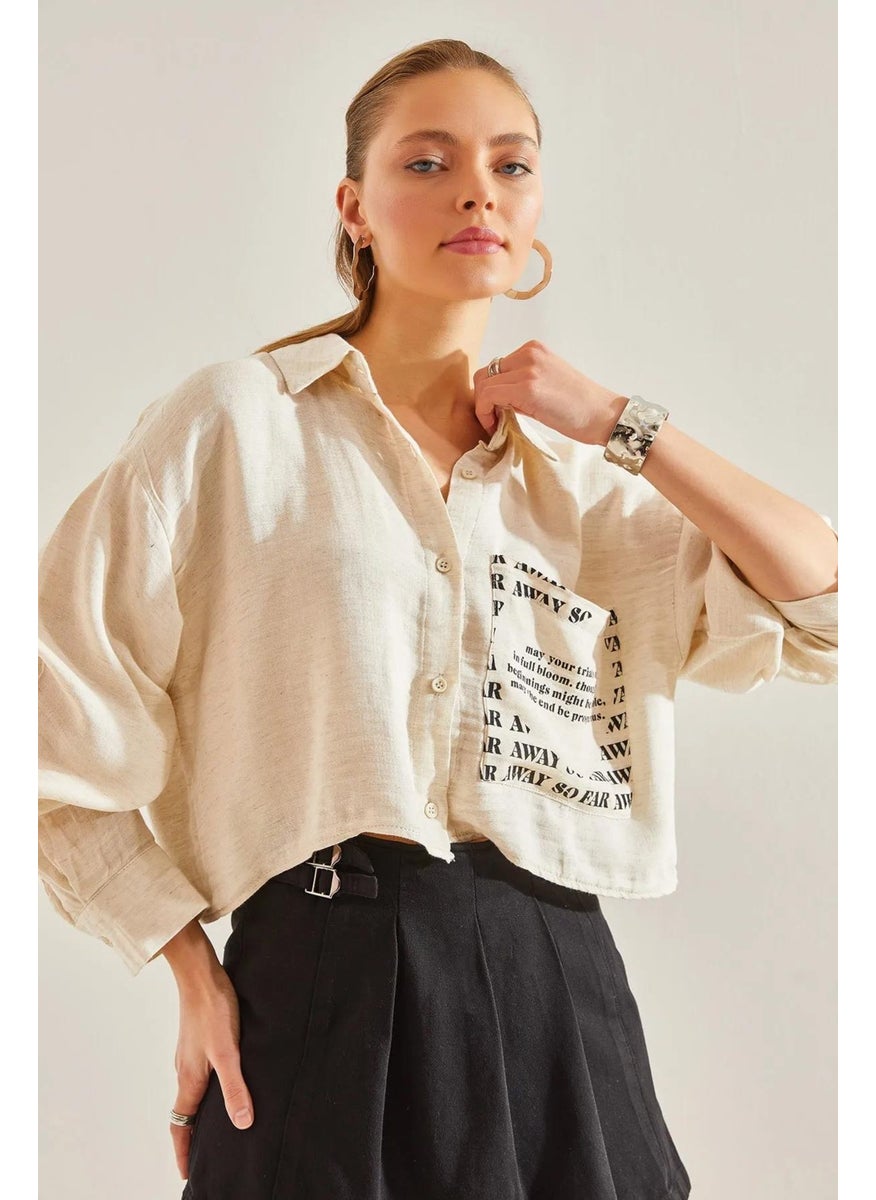 Women's Natural Single Pocket Printed Crop Shirt