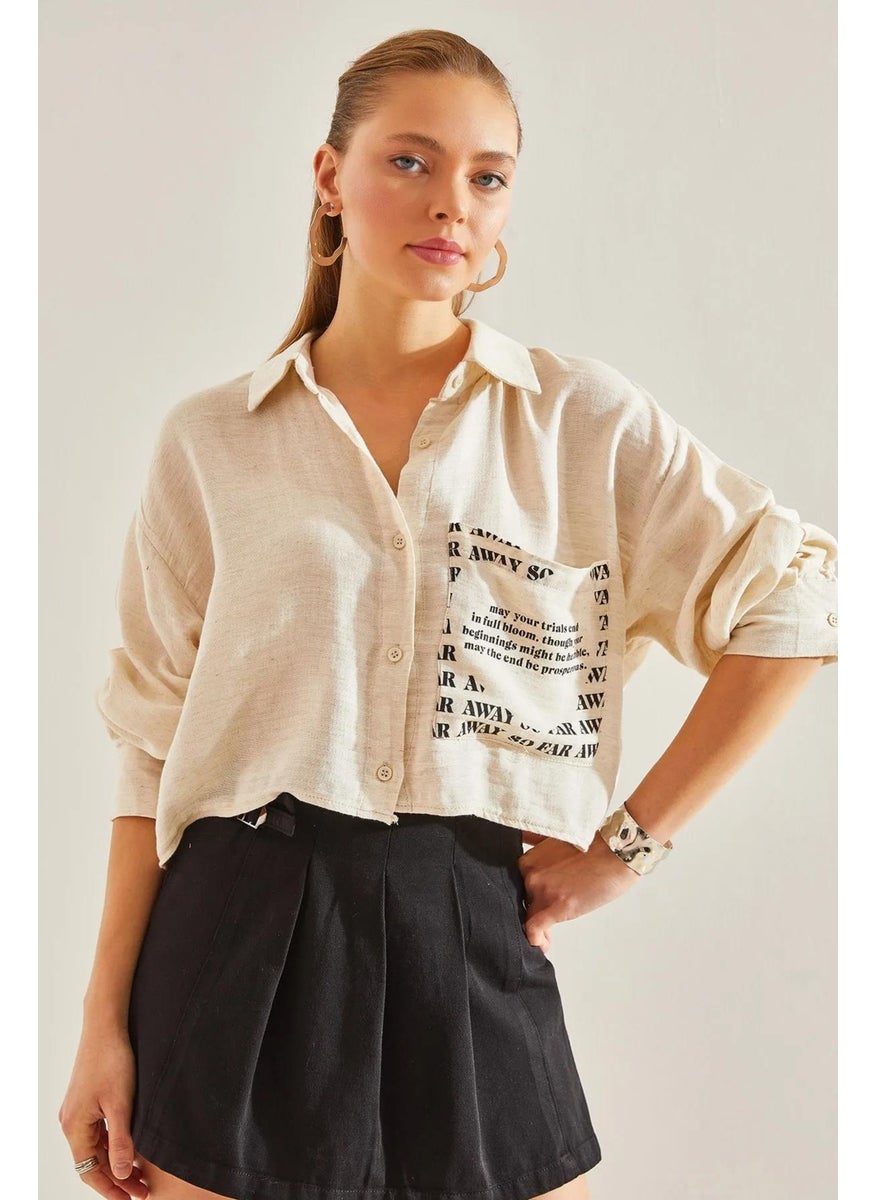 Women's Natural Single Pocket Printed Crop Shirt