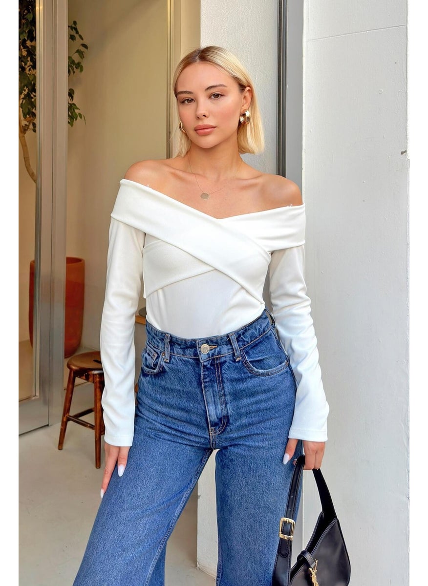 Women's Ecru Cross Strap Ottoman Blouse