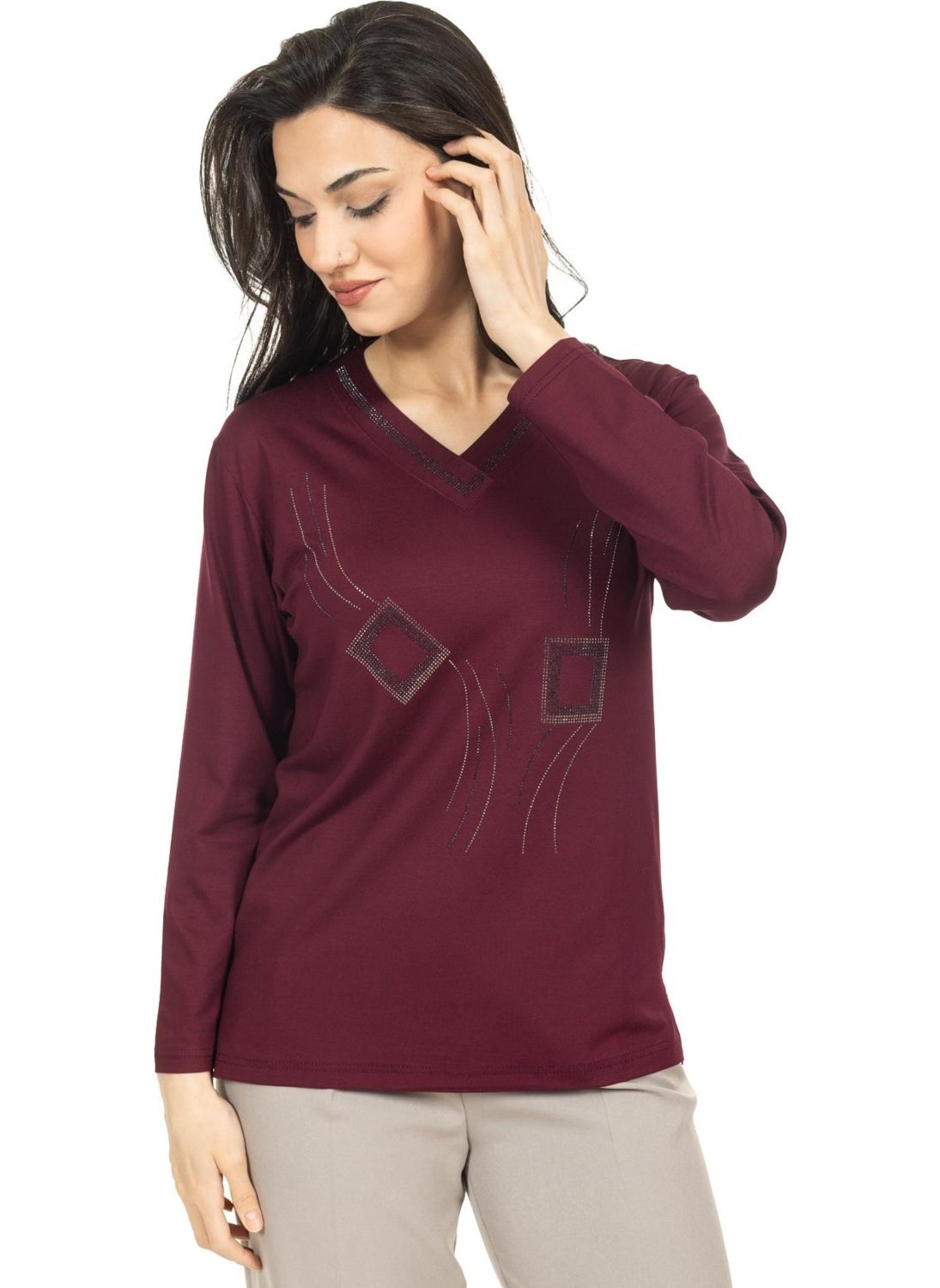 Women Middle Age and Above New Model V Neck Stone Embroidered Mother's Combed Cotton Blouse 30560