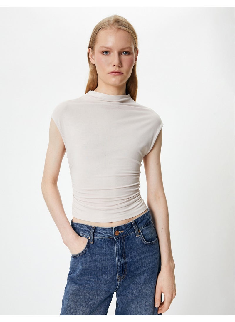 Slim Fit Tank Top Stand Collar Short Sleeve Draped