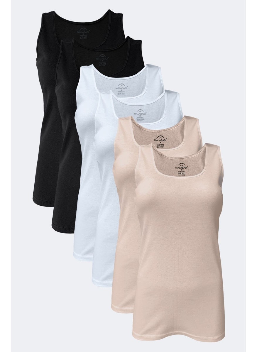 Women's Black White Skin 6 Pack 100% Cotton Rib Thick Strap Undershirt 106-E