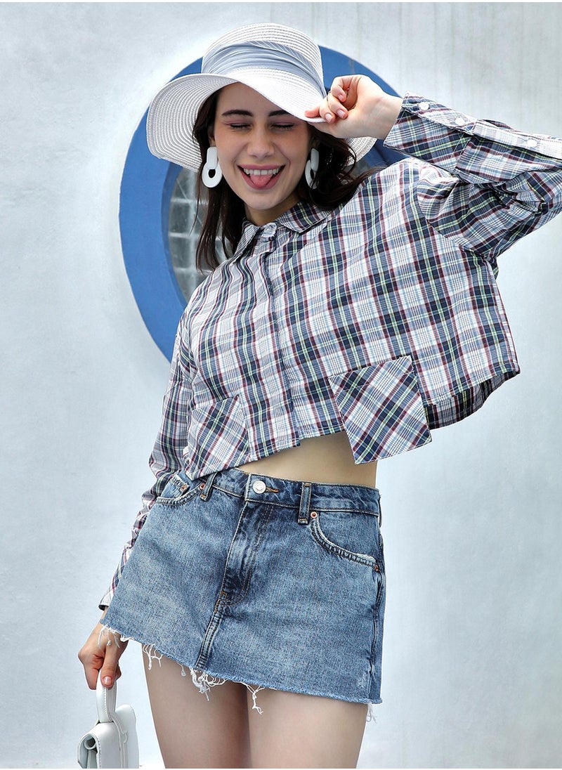 Women's Indigo Blue & Ivory White Tartan Plaid Crop Shirt