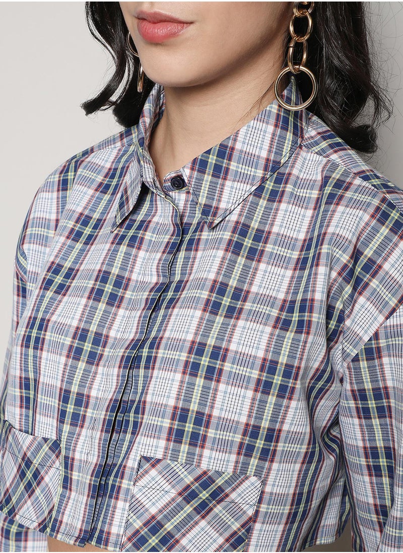 Women's Indigo Blue & Ivory White Tartan Plaid Crop Shirt