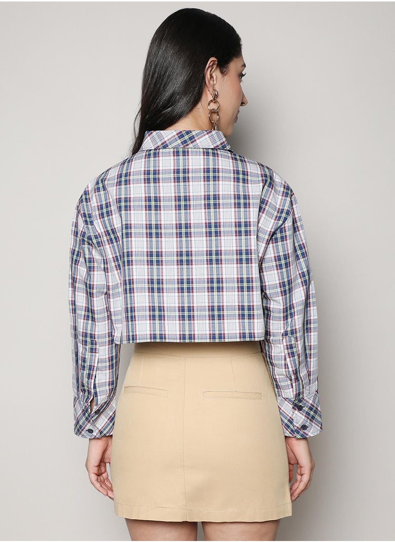 Women's Indigo Blue & Ivory White Tartan Plaid Crop Shirt