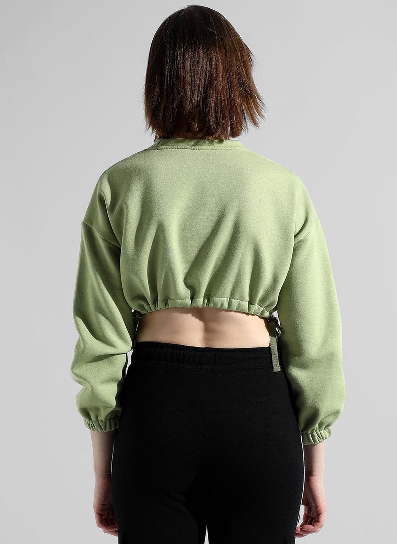 Women's Pistachio Green Modern Muse Crop Top For Casual Wear | Crew Neck | Long Sleeve | Drawstring Closure | Top Designed With Comfort Fit For Woman & Girls
