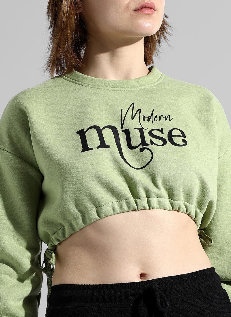 Women's Pistachio Green Modern Muse Crop Top For Casual Wear | Crew Neck | Long Sleeve | Drawstring Closure | Top Designed With Comfort Fit For Woman & Girls
