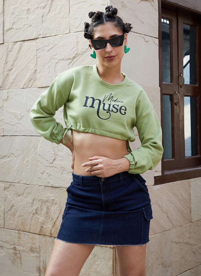 Women's Pistachio Green Modern Muse Crop Top For Casual Wear | Crew Neck | Long Sleeve | Drawstring Closure | Top Designed With Comfort Fit For Woman & Girls