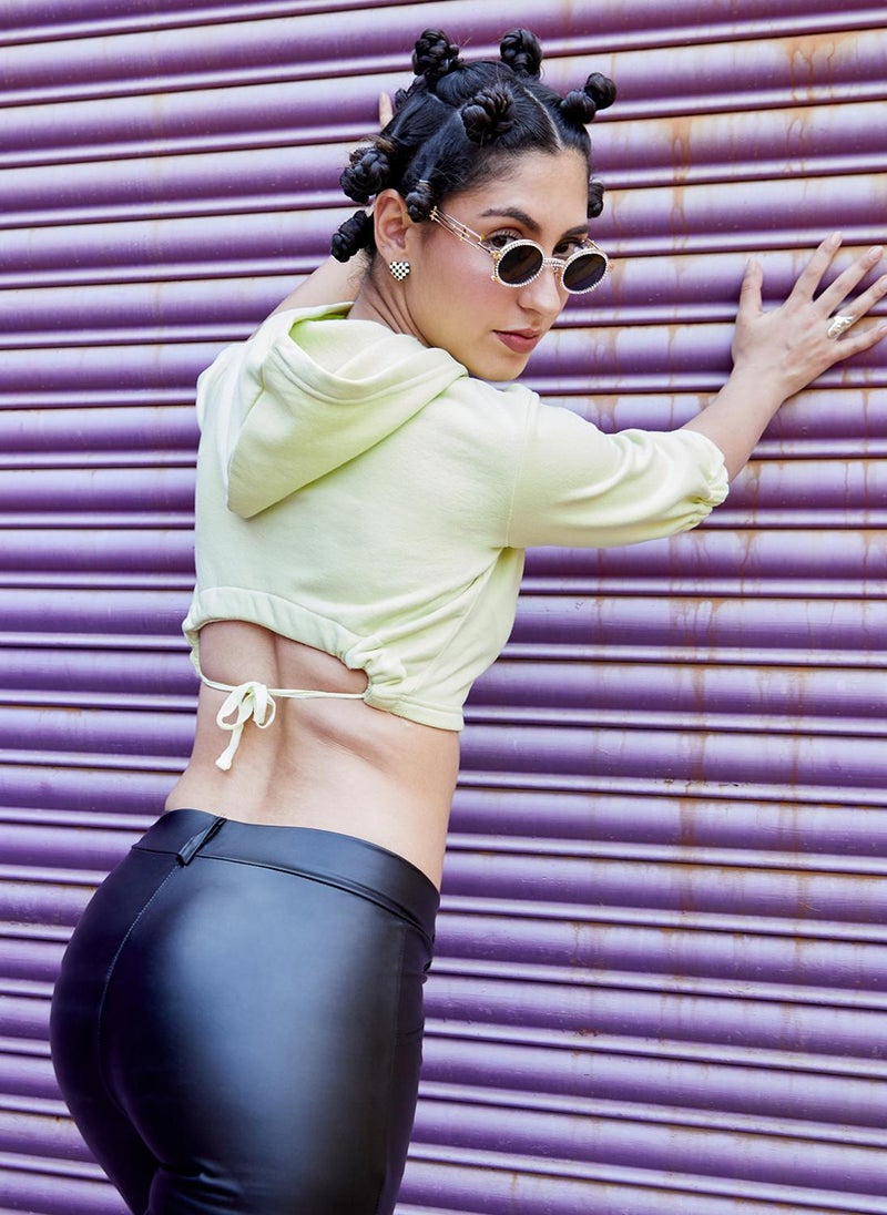 Women's Lime Green The Good Life Crop Top For Casual Wear | Hooded Neck | Long Sleeve | Pull On Closure | Top Designed With Comfort Fit For Woman & Girls