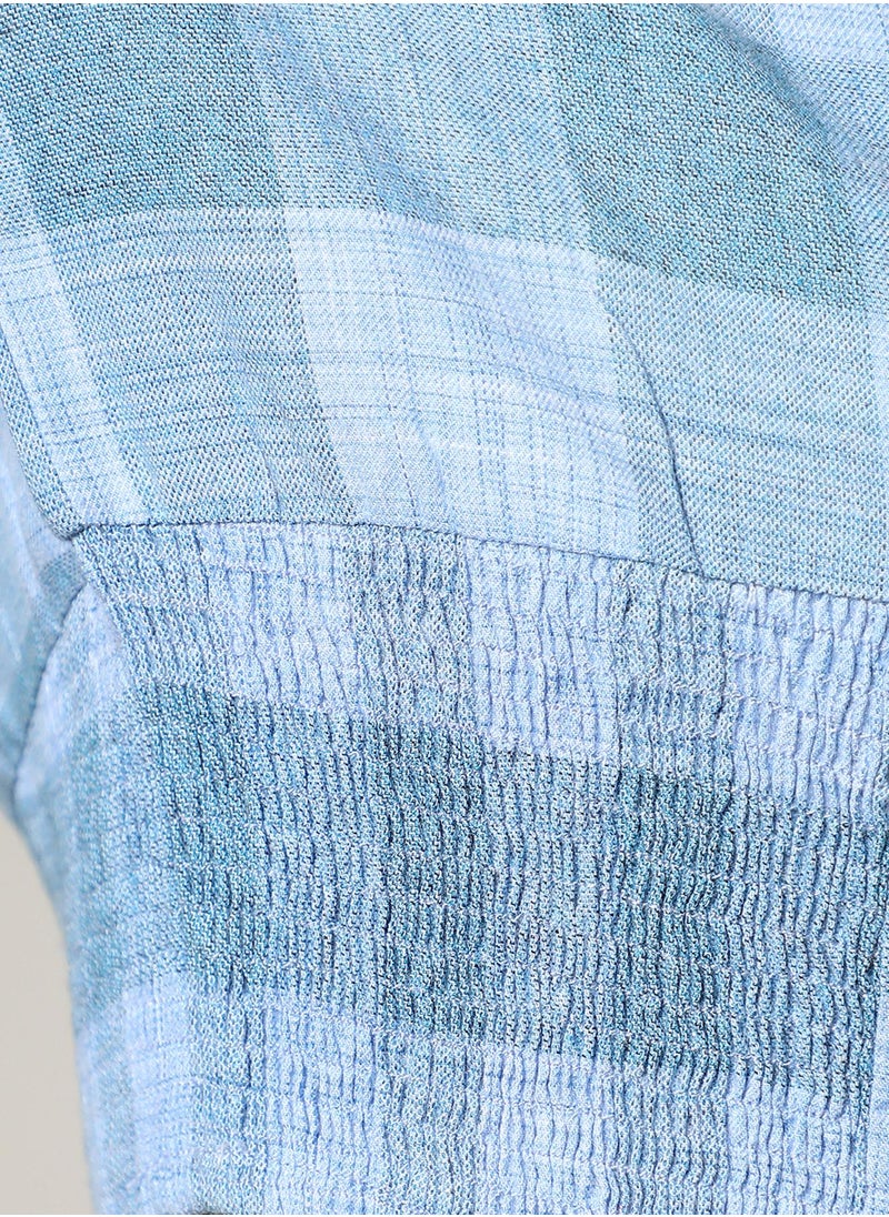 Women's Sky Blue Buffallo Check Cinched Cropped Shirt