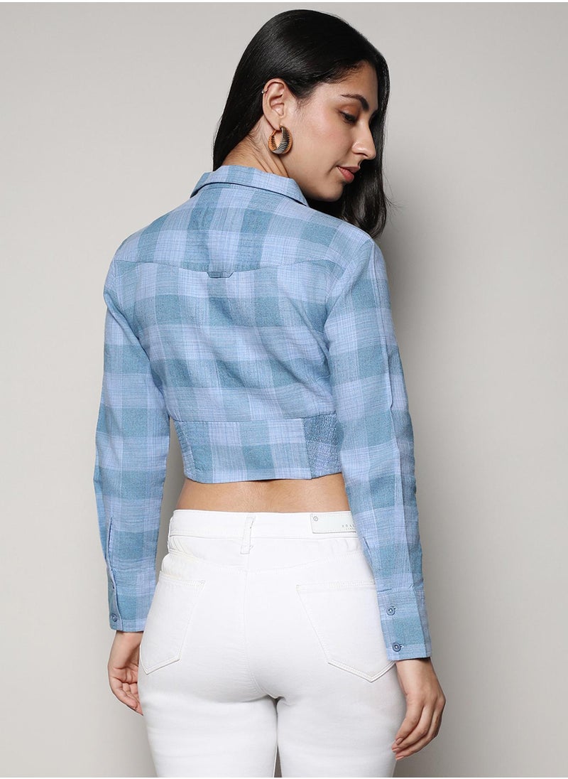 Women's Sky Blue Buffallo Check Cinched Cropped Shirt