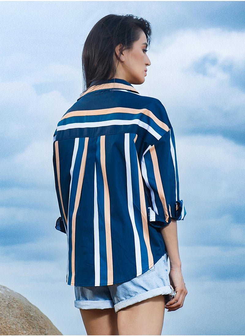 Women's Prussian Blue Halo Striped Shirt For Casual Wear | Spread Collar | Long Sleeve | Button Closure | Shirt Designed With Comfortable Fit For Woman & Girls