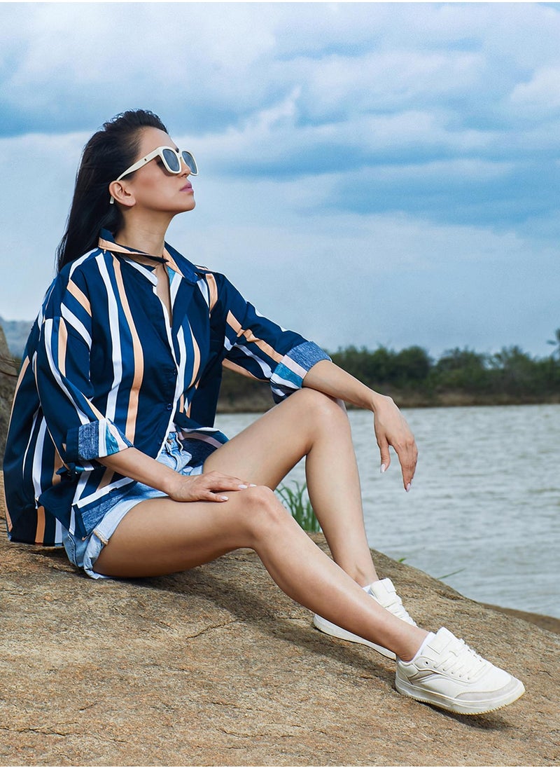 Women's Prussian Blue Halo Striped Shirt For Casual Wear | Spread Collar | Long Sleeve | Button Closure | Shirt Designed With Comfortable Fit For Woman & Girls