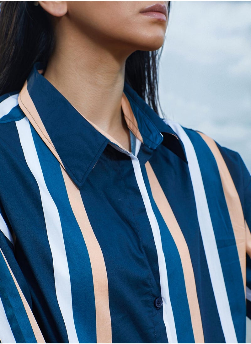 Women's Prussian Blue Halo Striped Shirt For Casual Wear | Spread Collar | Long Sleeve | Button Closure | Shirt Designed With Comfortable Fit For Woman & Girls