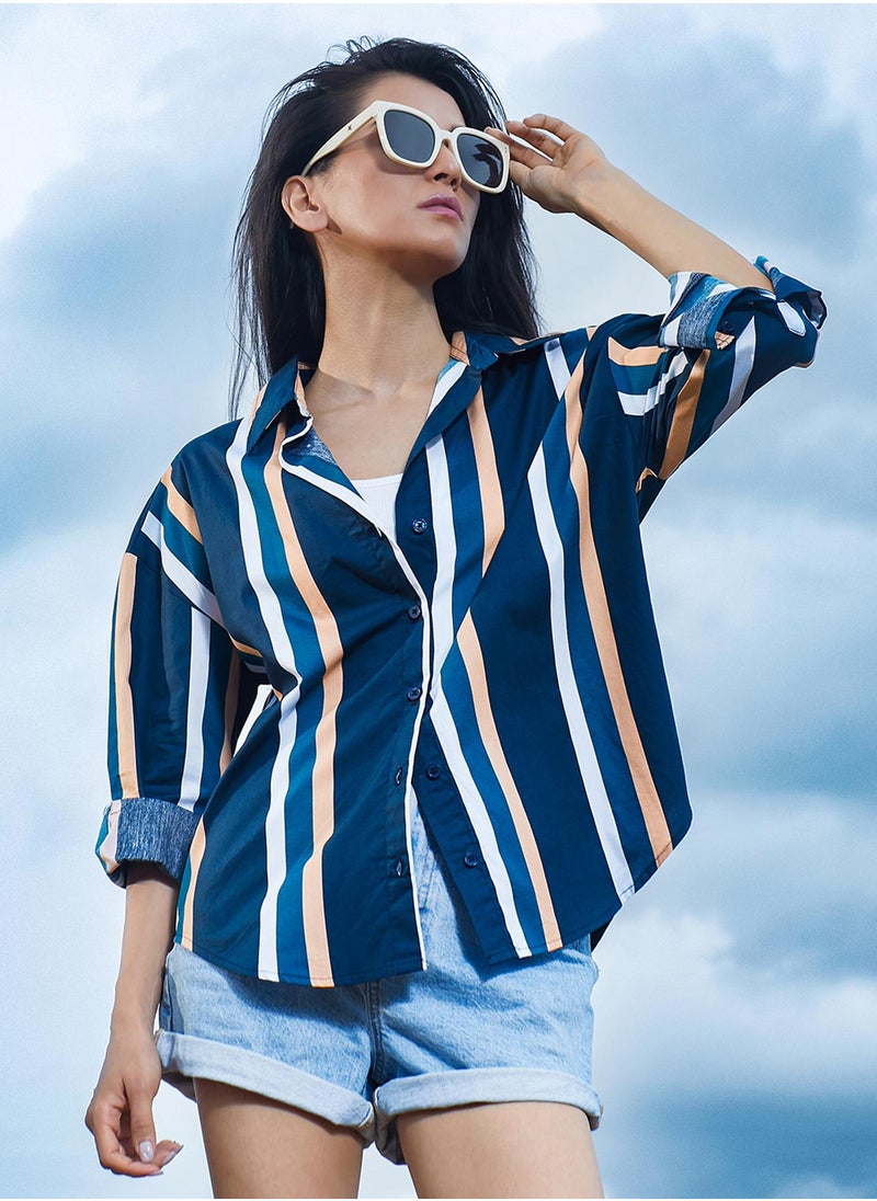 Women's Prussian Blue Halo Striped Shirt For Casual Wear | Spread Collar | Long Sleeve | Button Closure | Shirt Designed With Comfortable Fit For Woman & Girls