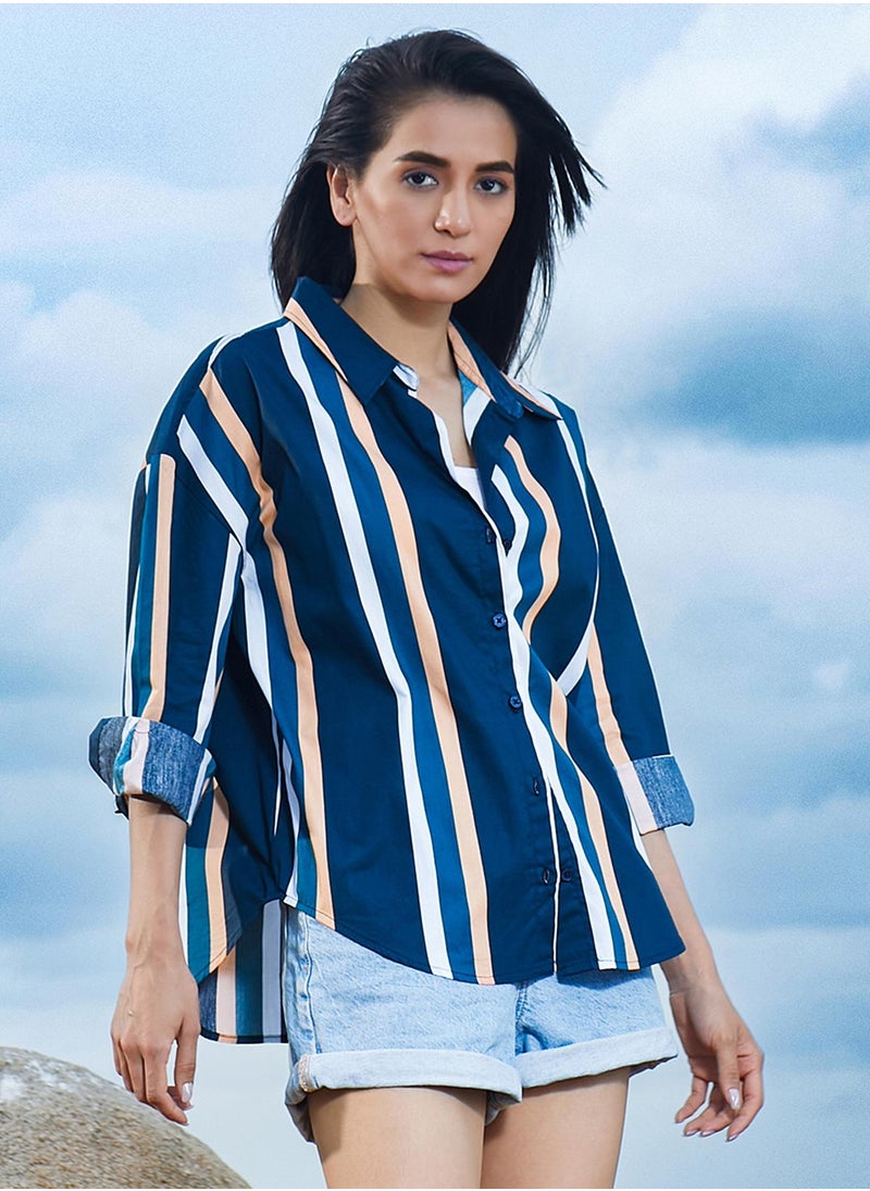 Women's Prussian Blue Halo Striped Shirt For Casual Wear | Spread Collar | Long Sleeve | Button Closure | Shirt Designed With Comfortable Fit For Woman & Girls
