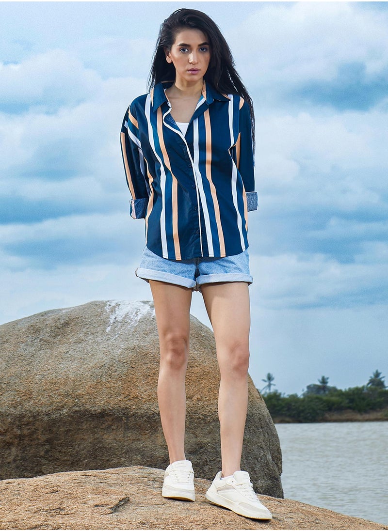 Women's Prussian Blue Halo Striped Shirt For Casual Wear | Spread Collar | Long Sleeve | Button Closure | Shirt Designed With Comfortable Fit For Woman & Girls